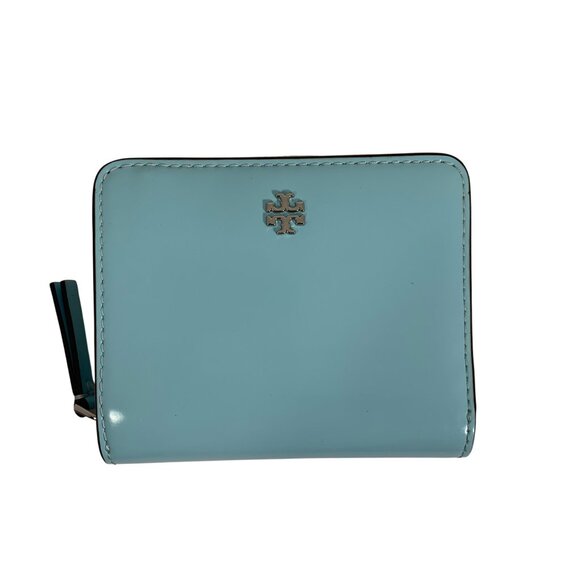 Tory Burch Handbags - Tory Burch Light Blue Patent Zip Around Mini Wallet Snap Closure Patent EUC